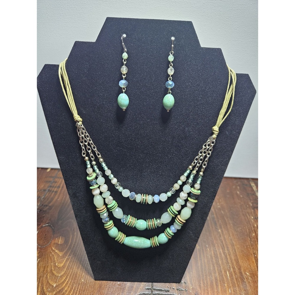 Boho Mint Green Multi Strand Beaded Necklace Drop Earrings Jewelry Set Earthy